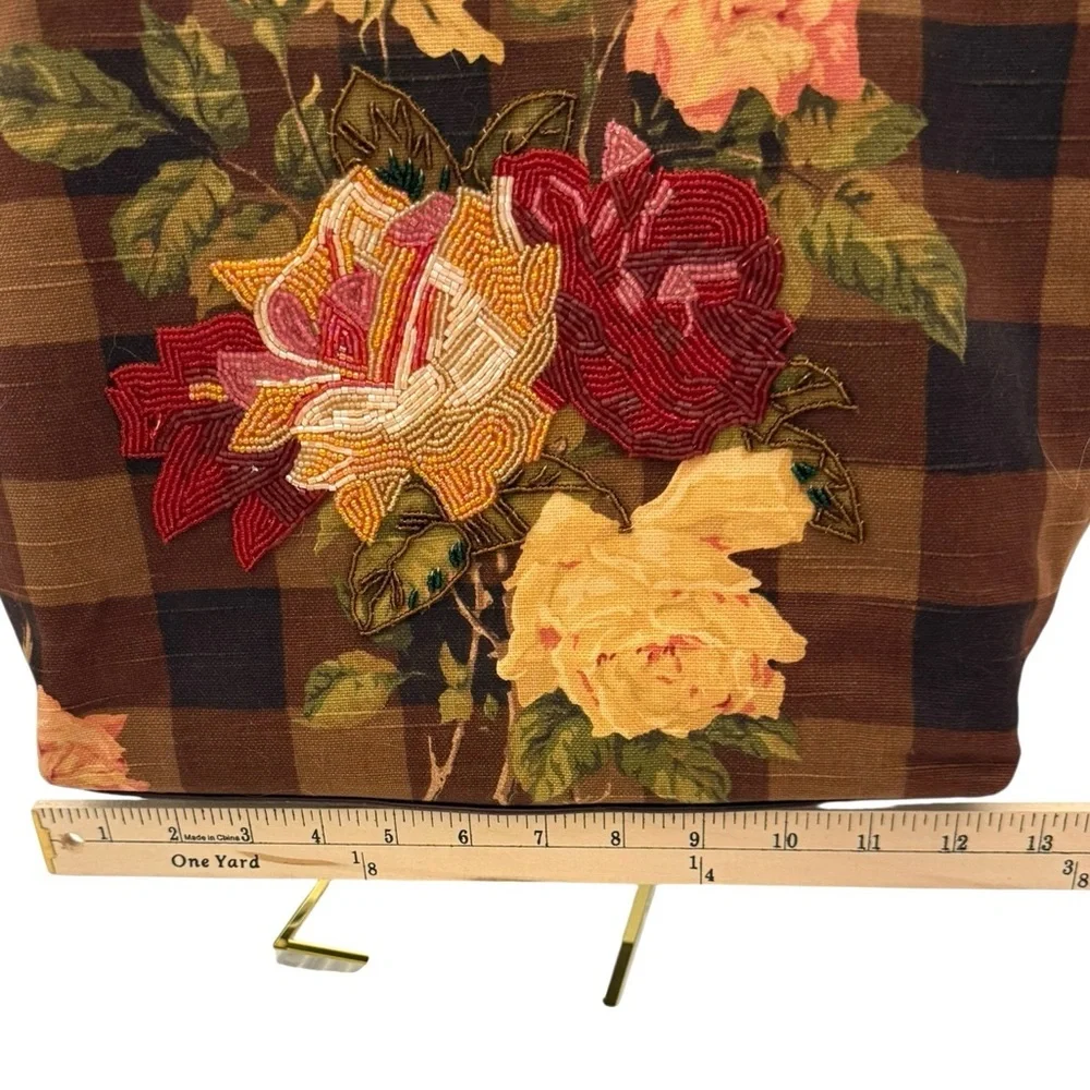 Cynthia Hart Los Angeles Floral Plaid Tote Bag Purse Bamboo Handles Gold Brown - Picture 8 of 14